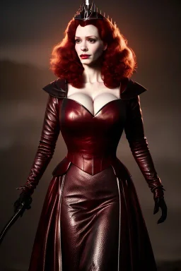 christina hendricks as evil queen in burgundy leather gown , angry, stern look, volumetric lighting, particales,highly detailed,cinematic, deep colours,8