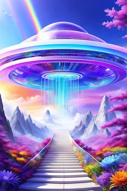 Ufo rainbow, futuriste ultra moderne,stairway to heaven,crystal very beautiful city,nature forest flowers colors