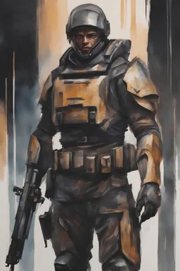 american sci-fi futuristic soldier in armor, watercolor style, ultra detailed character, simple background, oil painting style, dark colors, dramatic lighting