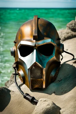 MF DOOM mask, rusted. Bottom of the ocean. Photograph.