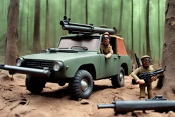 [1960’s stop-motion animation style in woods] a 70s rifle gun advertisement video TV featuring a crazy artist with black goggles brown curly hair and a grayish beard in combat fatigue holding a hunting rifle in front of his international scout automobile as a claymation character toy from a claymation horror movie in burning rainbow land, from hell, creepy Videos, eyeballs and trees everywhere , as old advertisement shot on video VHS