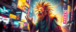 wall poster of transparent weasel radiant savior rasta man with cute fur, in big cyberpunk city crossover, volume light and motion blur, airbrush and pen outline and paint smears, and splatter drops