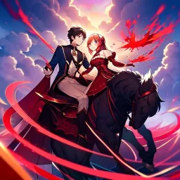 anime girl and boy riding.on a red magic carpet.in the sky.together into the clouds