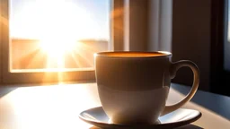 Clear, high-resolution image of a cappuccino coffee cup on the window during sunrise