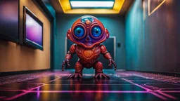 A middle size, jelly-like fatt body deep colors, meltingpatterned skin, big eyes alien creature standing a floor, full body, high detailed, high textured, sharp focus, deep colors, Professional photography, bokeh, natural lighting, canon lens, shot on dslr 64 megapixels , blur background with neon light, office