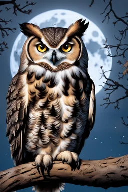 a horned Owl sitting on branch in oak tree with full moon behind it