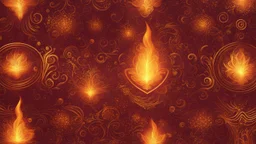 Hyper Realistic Glowing-Golden-Groovy-Patterns on Maroon-&-Orange-background with fire-embers on it