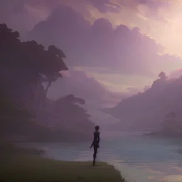 In the anime, a young male character is near the green lake in the sunset afternoon.