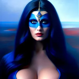 portrait of beautiful busty Raven Darkhölme (Mystique) painting by Brom , oil on canvas, cinematic composition, extreme detail,fit full head inside picture,8k