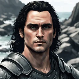 A portrait of Joaquin Phoenix in his early 30s, long beachy haircut, black hair, on a rocky island, in ebony armor from Skyrim, melancholic and dangerous facial expression, half-smiling, in the style of ink manga