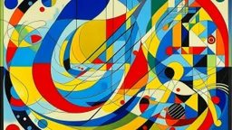 Journey to the world of abstract symmetry and geometry: curves, waves, straight lines and other shapes of yellow, red and blue are complemented by secondary tones. Style WASSILY KANDINSKY