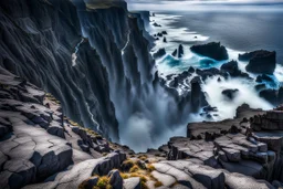 This mesmerizing ocean cliff scene captures the dramatic power and beauty of nature. Towering rugged cliffs stand majestically against the vast expanse of the ocean, where the water pours into a singular bottomless pit. The cliffs, with their sharp and jagged edges, create a stark contrast to the rough, flowing water, making the scene even more captivating. Sunlight pierces through the mist rising from the waterfalls, creating a magical, ethereal atmosphere