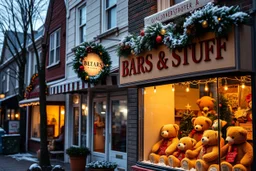 Neighborhood Storefronts, Shop display window in the neighborhood. Festive Christmas showcase. Teddy Bear shop with sign reading "BEARS & STUFF", Quaint, light snow, lights, twilight, Teddy bears of various sizes in window, Nostalgic. HD, Ultra-real