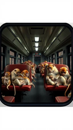 inside a train all seats filled with monkeys , sleeping