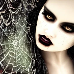 beautiful gothic woman with stringy white spiderwebs on face, dark, runny mascara, 8k, high-quality, fine-detail, black hair, intricate, sharp, crisp, digital art, detailed matte, illustration, octane render, brian froud, howard lyon, Anne Dittman, Anne Stokes, Lisa Parker, Selina French