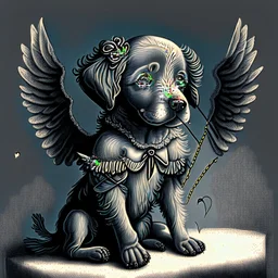 Lovesick , illustrated black and grey puppy dressed as cupid, cupid illustration, vintage valentines day colors, heavenly, romantic colors, realistic dog drawing, surreal, cartoonist, overexaggerated, detailed drawing, behance, Victorian inspired, art station, in the style of damien hirst