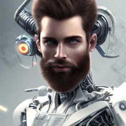 white cyberpunk cyborg men with 3 day beard portait realistic sci fi dirty face and cheap implants focused on face red and white bionic eyes no glasses techno