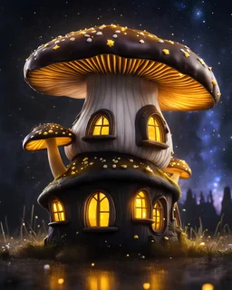 An illogically floating mushroom house on a clear night. white yellow black, Stars Dark cosmic interstellar. Detailed Matte Painting, deep color, fantastical, intricate detail, splash screen, hyperdetailed, insane depth, concept art, 8k resolution, trending on Artstation, Unreal Engine 5, color depth, backlit, splash art, dramatic, High Quality Whimsical Fun Imaginative Bubbly, perfect composition