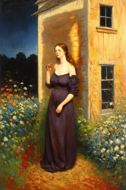 Night, one woman, house, flowers, vegetations, gothic horror films influence, creepy, depressive, gloomy, witch influence, arnold bocklin, and henry fuseli paintings