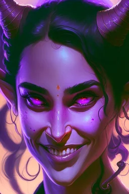 purple skin, glowing fiery eyes, smile, soft female face, beautiful, graceful, horns from forehead, pontail, black hair, sidebangs, looking up