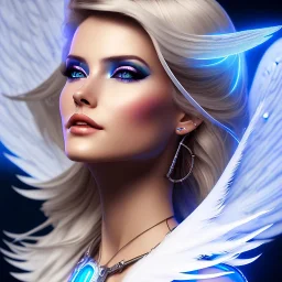 A beautiful portrait of a cute smiling cyberpunk woman with wings, long blond haire, high key lighting, volumetric light high details with white stripes and feathers and blue celtic paterns and glasses