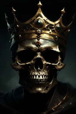 A skull face looking ahead with determination and on his head a crown, sinister, digital art