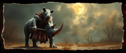 3d airbrush render, full body of rhino orc badger warrior priest , pinhole cam, airbrush 3d rendering, in the style of Titian and Dali , torn edges on border