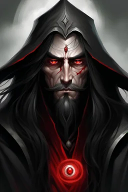 caucasian wizard with red eyes and long black hairs