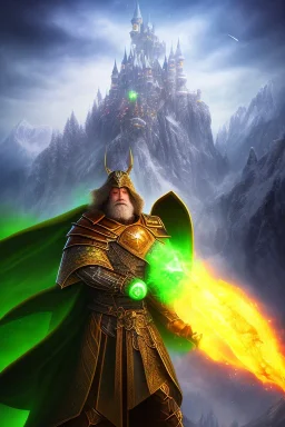 Powerful wizard using green magic, wearing dark cloak, Castle on mountains in background