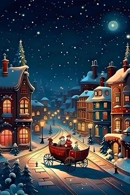 новогодняя ночь в городе с снегом и дед морозом в санях