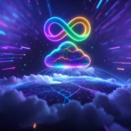 Colourful 3D glowing infinity symbol ∞, hovering above a colourful glowing cloud, network and lights coming from the cloud onto a futuristic map of the globe, inspiring, neon, glowing, friendly, beautiful, octane render, 8k post-production, artstation: award-winning: atmospheric: commanding: fantastical: clarity: 16k: ultra quality: striking: brilliance: liquid medium: stunning colors: amazing depth; lens: f/8, 28mm