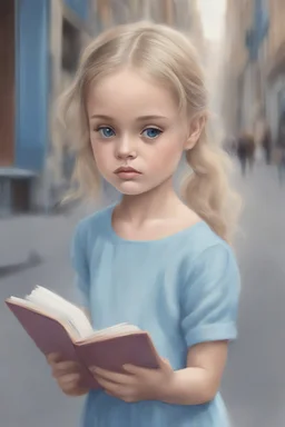 Illustration of lily-rose depp a toddler,, pony tail, reading in the street , , big blue eyes, style of Marcel Marlier, pastel colors