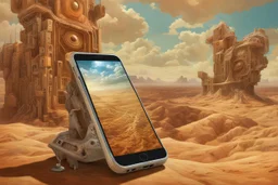 Alternate realty art, In the painted desert large surreal smart phone structures broadcasting a fantastical alternate universe on their screens, surreal art, by Peter Gric, by Grant Yun, by Richard Chance, dramatic mixed media, "the Apotheosis of the phone screen", intricate detail, volumetric lighting.