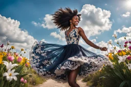 The camera zooms in, focusing sharply on beautiful black girl Lily wearing pretty dress as she dances gracefully in the same romantic environment with flowers and sky with nice clouds. Her joy and youth are presented against the backdrop of the surreal surroundings.