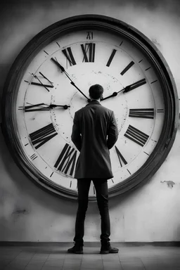 Concept photo, artistic photo, black and white, man in search of meaning, big clock