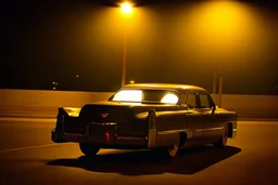 Coche Cadilac americano en mitad de la noche tan sólo iluminado por una farola y los potentes focos del coche, imagen al estilo del fotógrafo Hugo Alonso