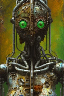 an abstract painting of rusted futuristic robot, by lucian freud, rust, scaffolding, iron cladding, decay, mixed media, textured, anatomically correct, beautiful woman perfect face, green eyes, sharp focus, highly detailed. desolate background