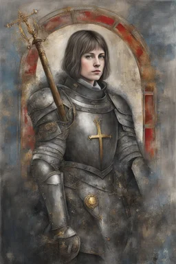 Portrait Art **Featured Art:** Mixed Media Tribute: A mixed-media portrait of Joan of Arc could incorporate elements of her life, such as her armor, a representation of the siege of Orléans, and symbols of divine guidance. Different textures and materials could symbolize the complexities of her character and the layers of her story, emphasizing her struggle for universal rights. **Appearance:** portrait of Joan of Arc (a patron saint of France, honored as a defender of the French nation for her