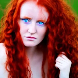 face of a young irish woman head and gaze downcast with fine features and long red hair