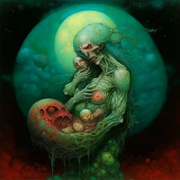 Visual Necromancy, zombie Madonna cradling an anthropomorphic worm baby on the moon, surrealist color oil painting, by Zdzislaw Beksinski, putrescence essence