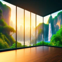 desk, parquet, sheet of paper, little pen, office chair in front of a huge picture window with large view on a waterfall with warm light, sunset ,pixar style, panorama, nature, globe, HD, Hallelujah mountains, view first person