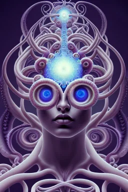 Spiritual being with Tentacles over human Head creating reality around, wrapping Spiral around Human, Psychedelic