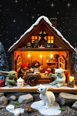 doll house with doll camping wagon and lotsa gremlins and starry background and an ice bear jesus