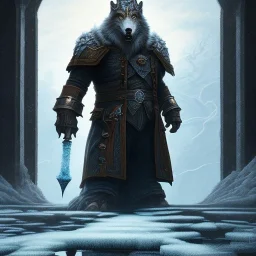 fantasy art, book illustration, upper body of big mad wizard in front of the ebony stairs of a bridge or dam ,icy water, on the bridge is a wolf, there is also a hawk and everything is seen from the tree tops