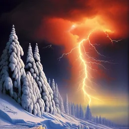 photo of big animal, ski tracks and blue storm clouds and lightening