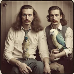 Awkward portrait Photo with a man and a woman, 30 years old sitting on chair, serious look, long 1960 hair and mustasch, polaroid camera style, holding small budgies