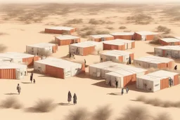 Can you please come up with a design concept for a refugee camp that houses displaces Palestinians that is Meaningful, resilient, self sufficient, safe and takes into consideration Palestinians culture and religious beliefs in the dessert using shipping containers as a base for the buildings