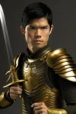 A handsome 30 year old man, black hair, male bob haircut, in black-and-gold plate armor, golden katana in both hands, no beard