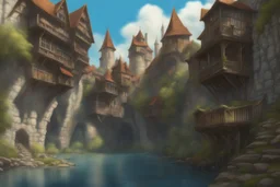 medieval buildings with balconies overhanging lake edge with blue sky and people, photorealism, fantastical, intricate detail, splash screen, concept art