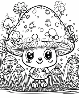 cute kawaii little mushroom person, colouring book page. simple and clean line art, children drawing book. Black and white only, crisp black lines, sharp lines, simple colouring page for adults, cartoon style, forest bushes background, black and white picture, lots of details, , Watercolor, trending on artstation, sharp focus, studio photo, intricate details, highly detailed, by greg rutkowski